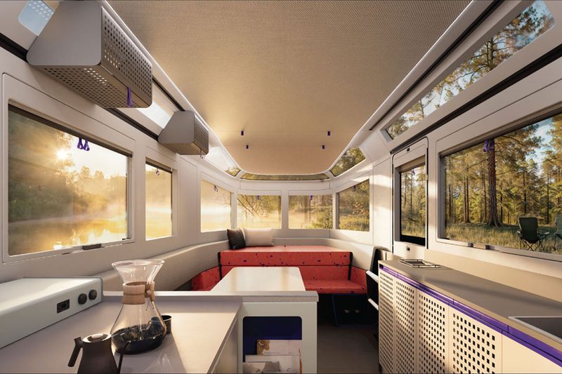 Bright, open interior of Lightship's AE.1 Cosmos Edition travel trailer.