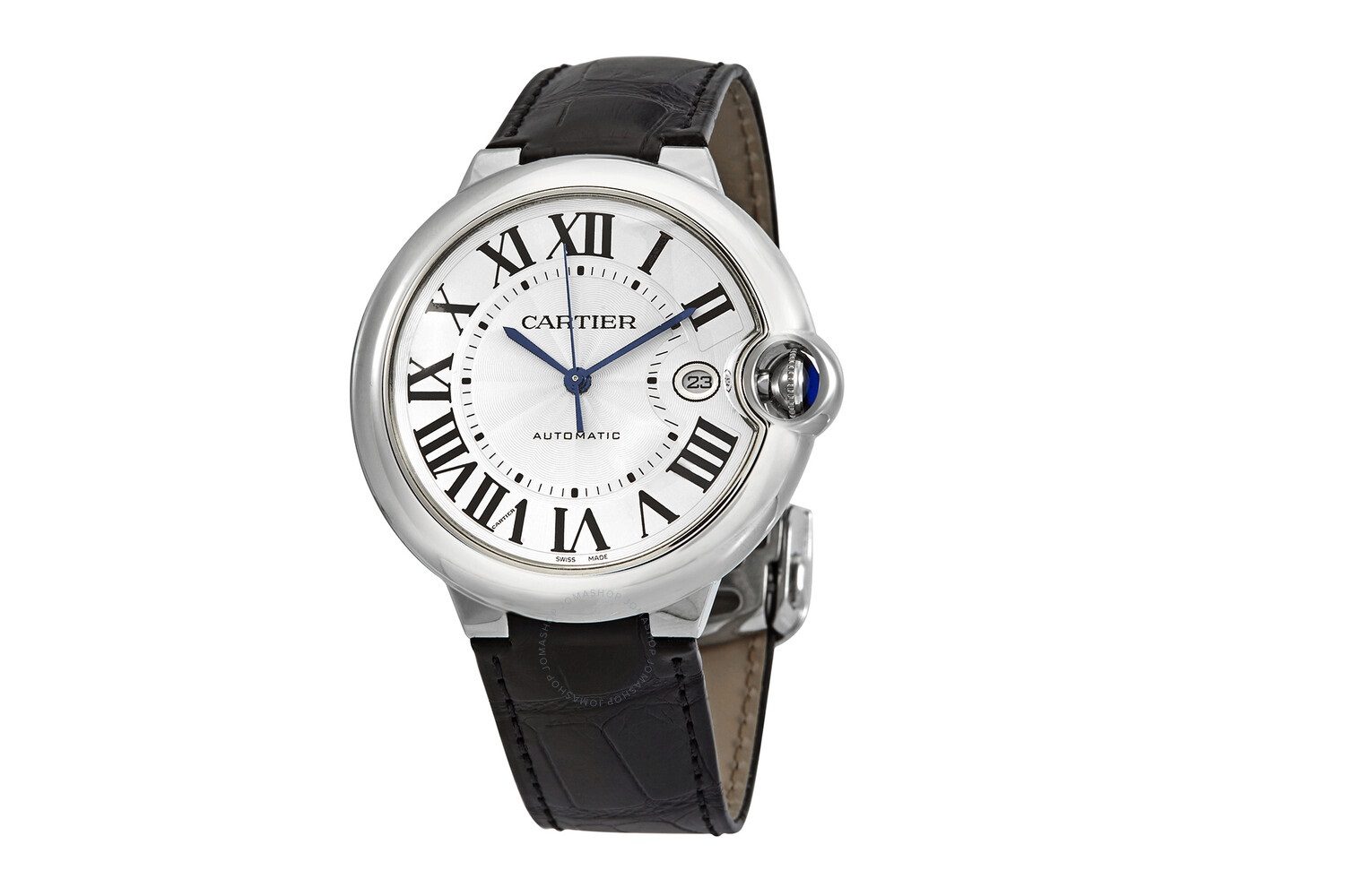 The Cartier Ballon Bleu men's watch on a white background.