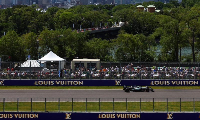 Louis Vuitton logo and brand on the track walls of the 2025 Montreal Grand Prix.