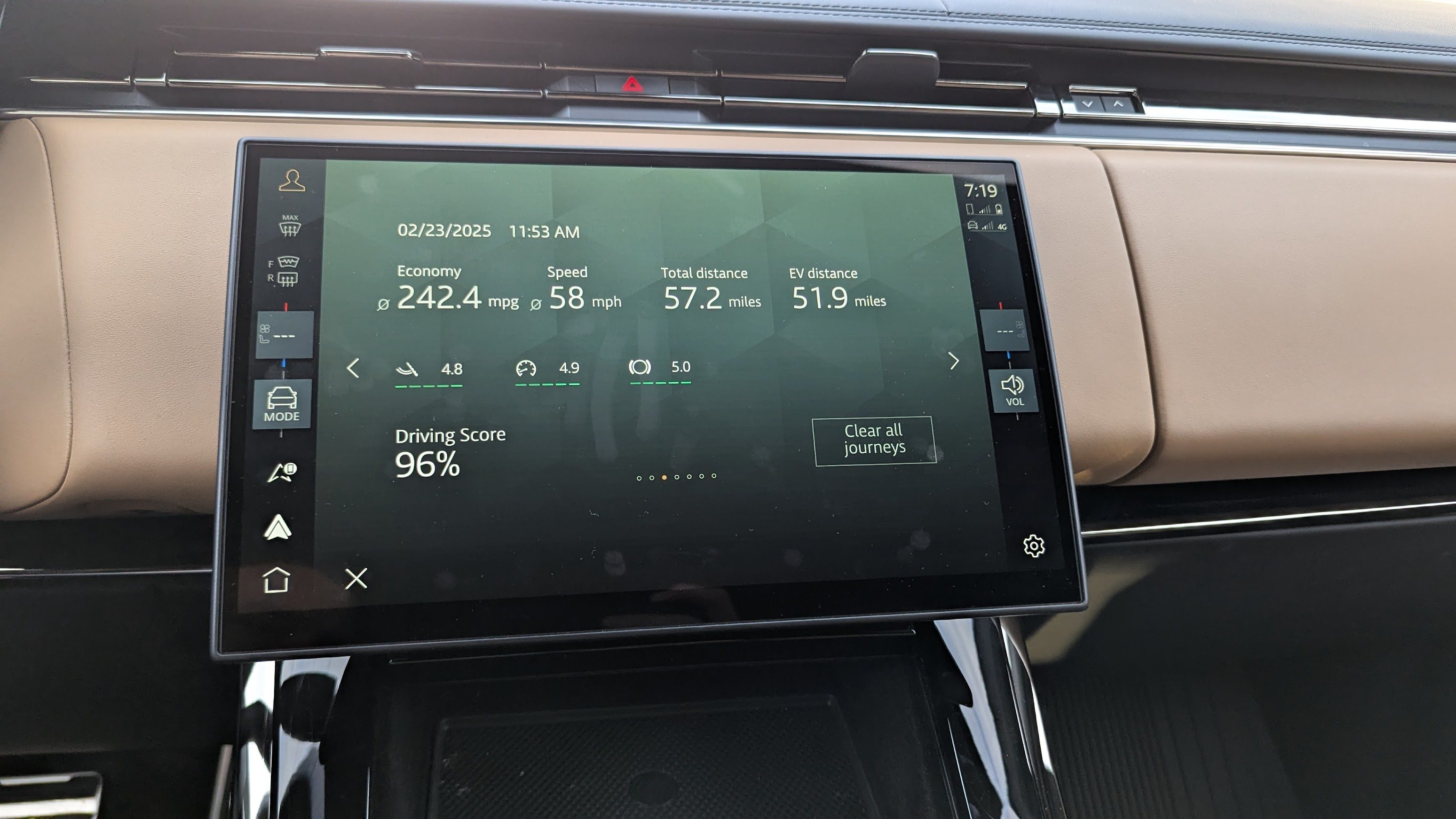 Range Rover Sport Eco Data screen displaying 242 MPG