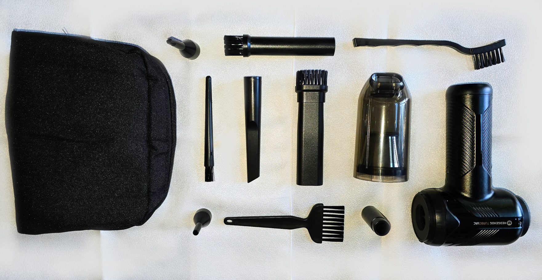 All parts of the Hedgehog TurboVac on a table
