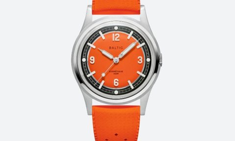 The Hermétique, a versatile 37mm-diameter field watch, in orange.