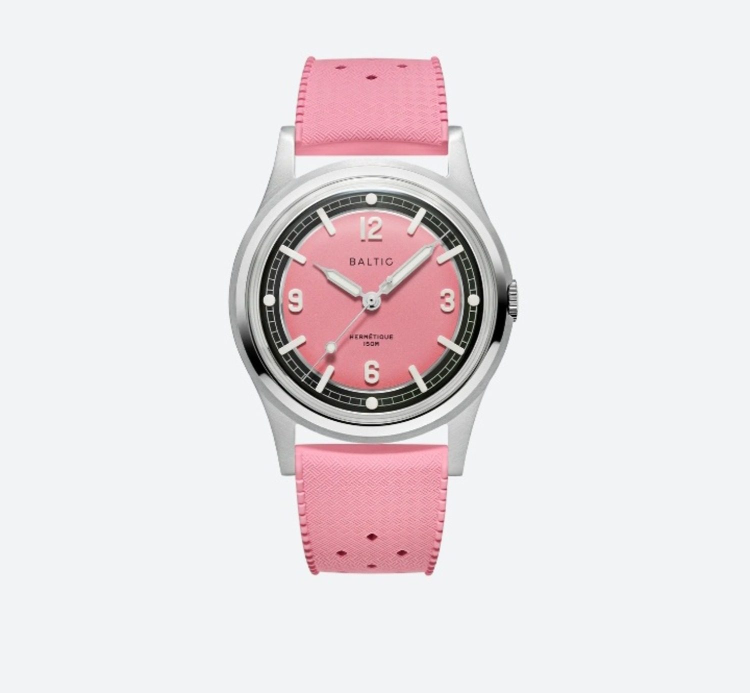 The Herm&eacute;tique, a versatile 37mm-diameter field watch, in pink.