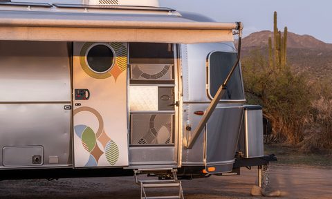 Main entry door to the Airstream Frank Lloyd Wright Usonian Limited Edition Travel Trailer.