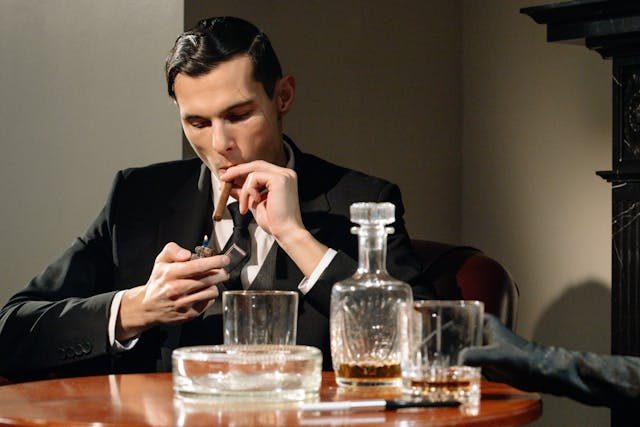 a man in a suit lighting a cigar