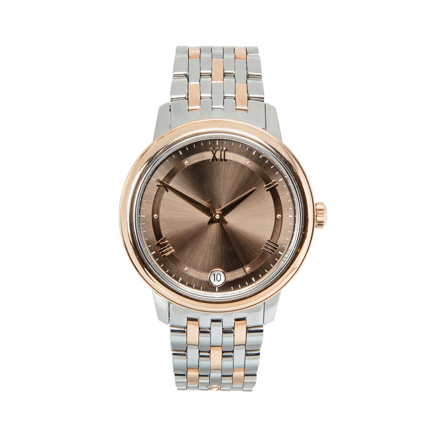 Expensive luxury classic gold watch. Case in steel and gold, dial with Roman numerals, steel strap. Front view isolated on a white background.