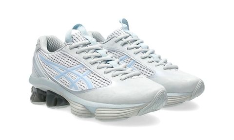 white and blue asics sneaker