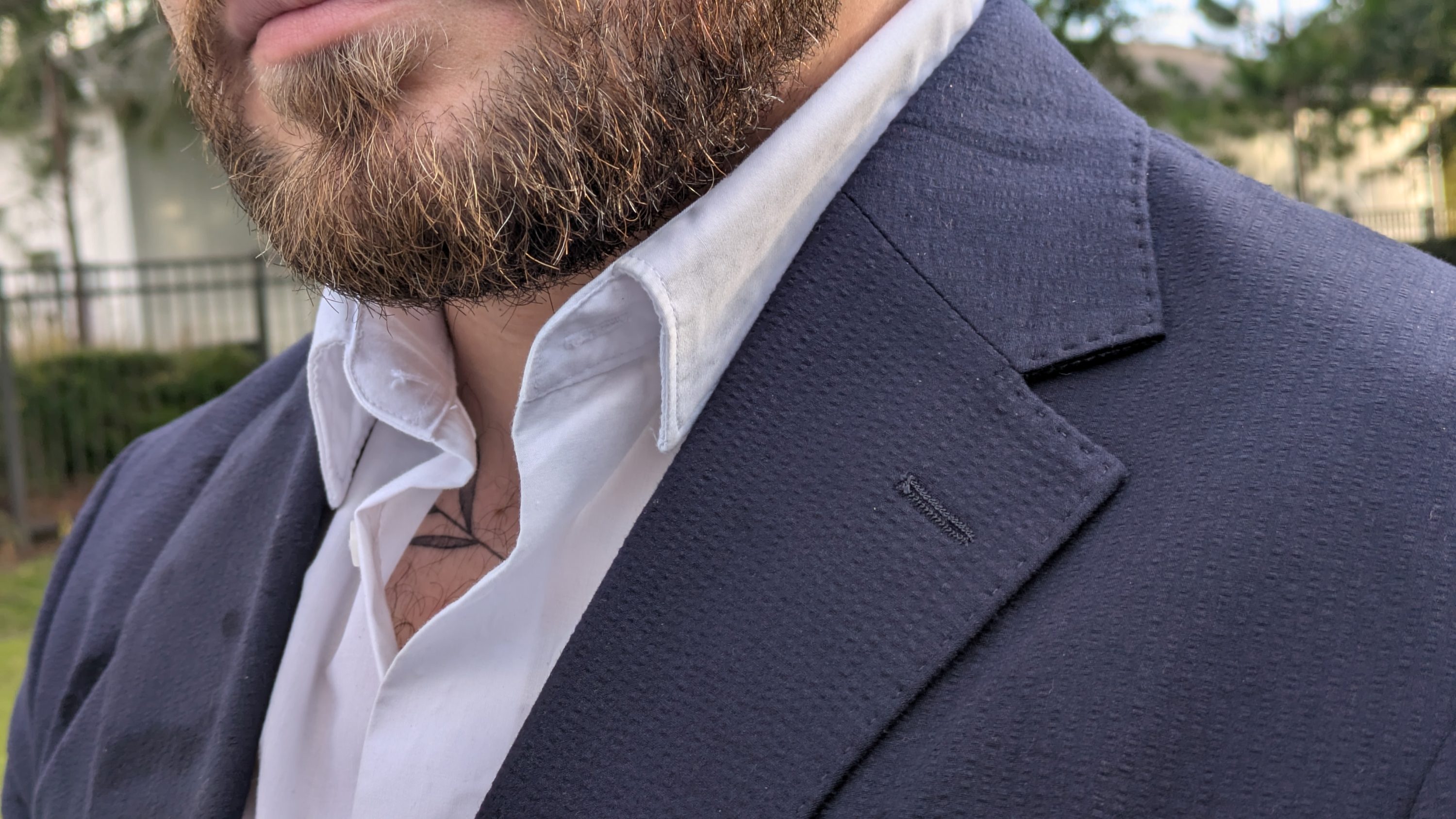 Antonio in searsucker suit lapel