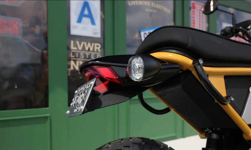 LiveWire previews 125cc equivalent EV street motorcycle close up of license plate bracket and rear lights.