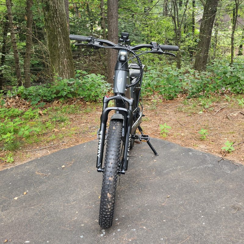 Segway Xafari e-bike front view parked on driveway with trees in the background.