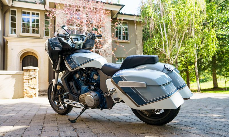 Tyler Hubbard and his custom Indian Motorcycle Chieftain PowerPlus left rear three-quarter view.