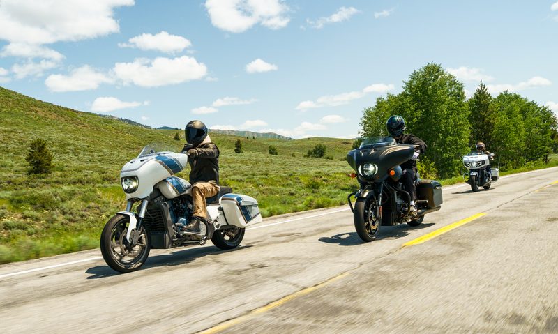 Tyler Hubbard riding his custom Indian Motorcycle Chieftain PowerPlus front left three quarter view.