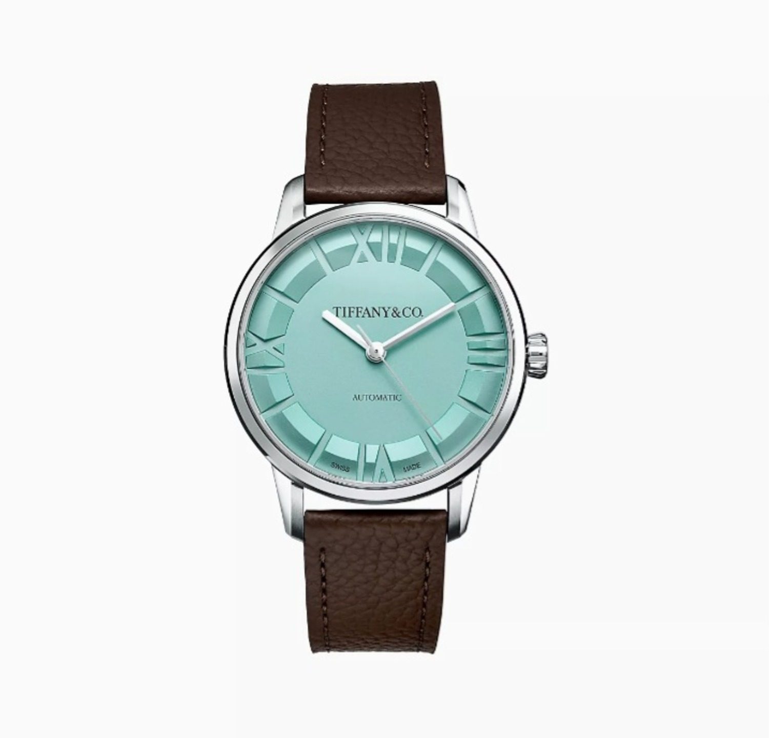 the Atlas watches feature graphic Roman numerals and light blue dial