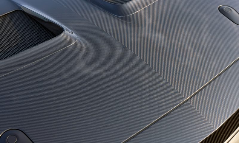 2025 Mustang GTD Liquid Carbon closeup view of the carbon fiber surface pattern.