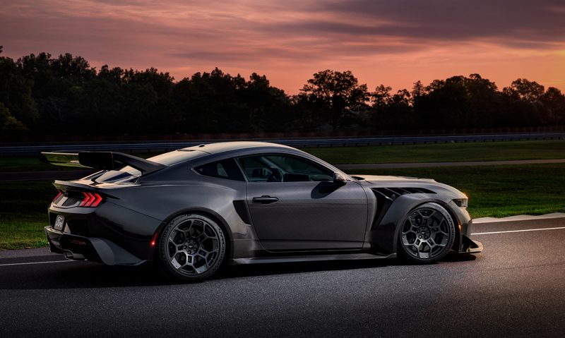 2025 Mustang GTD Liquid Carbon parked on a racetrack right profile.