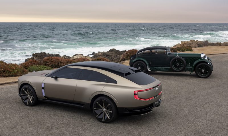 Bentley EXP 15 Concept debut at Pebble Beach left rear three-quarter view with 1930 Bentley Speed Six Gurney Nutting Sportsman coupe.