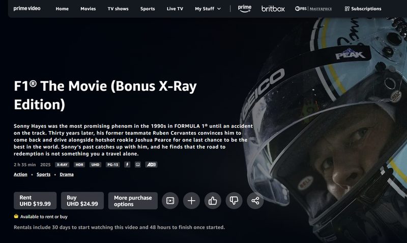 F1 The Movie on Amazon Prime.