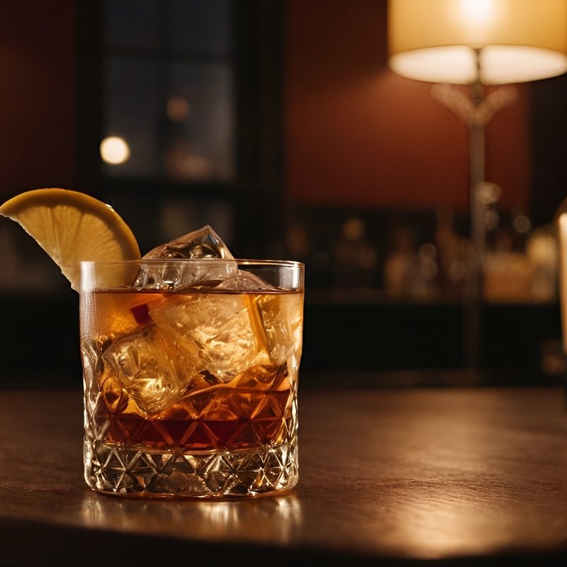 cocktail on a dimly lit bar counter