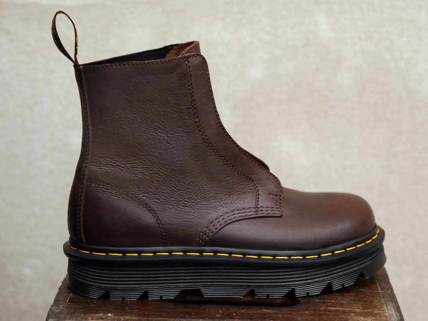 close up on brown laceless dr. martens
