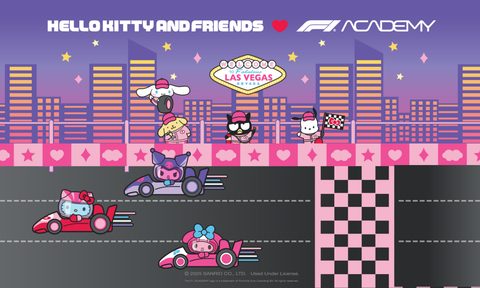 F1 Academy and Hello Kitty graphic with characters in race cars.