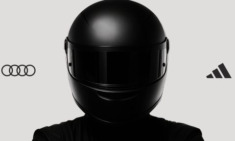 Graphic with Audi logo on the left, addidas on the right and a black-helmeted person in the center.