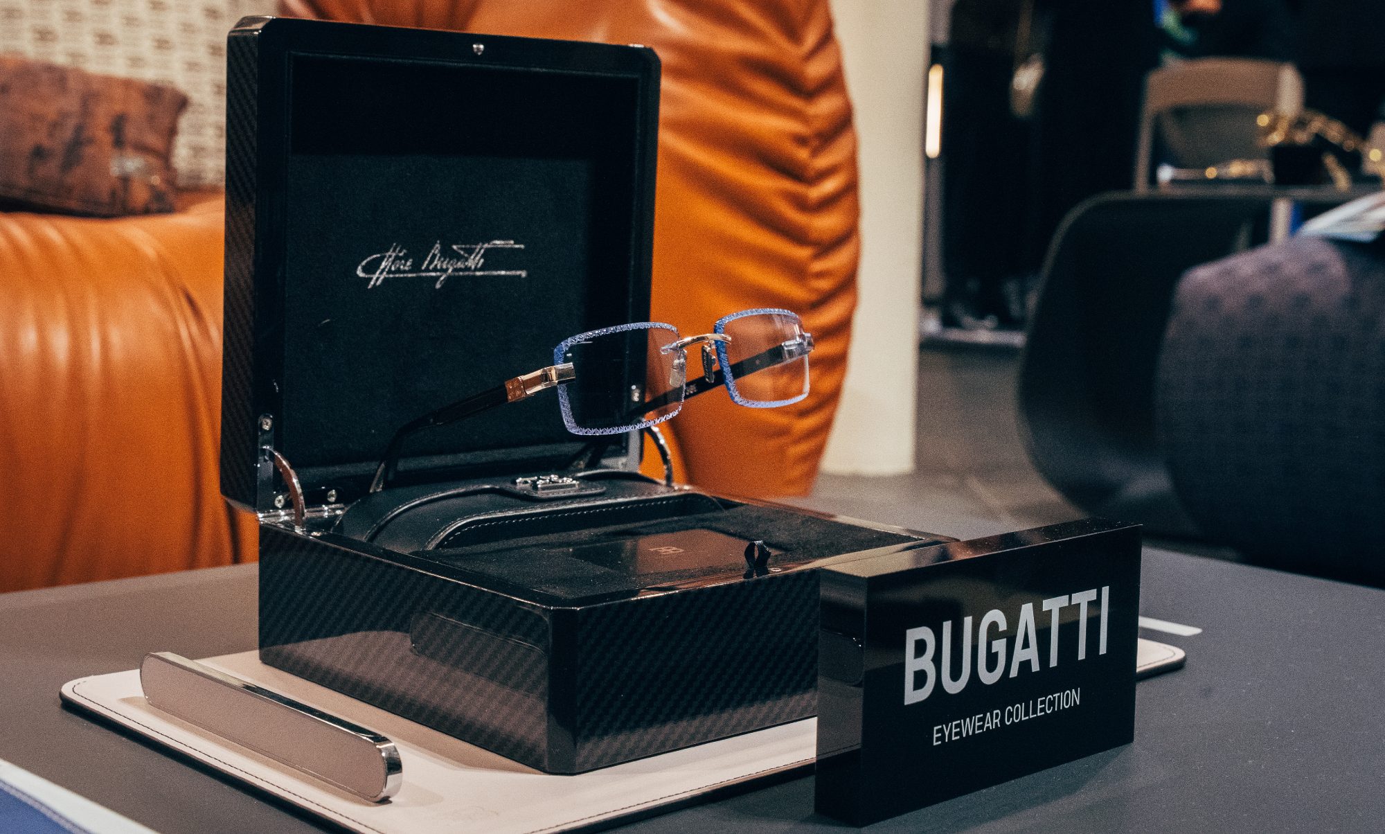 Housed in a carbon fiber box, every piece of the Bugatti Eyewear collection includes a protective EB case