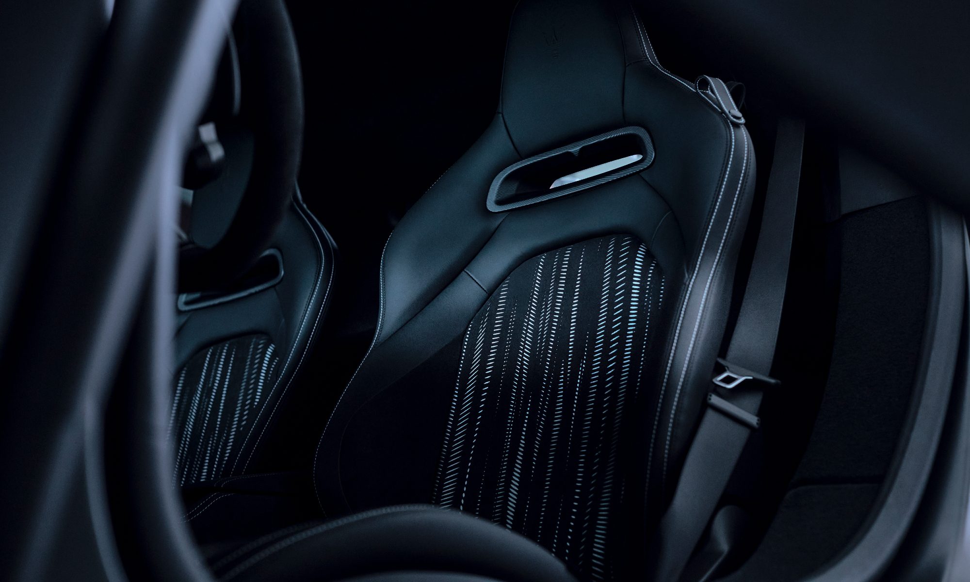 Maserati MCPURA with rear seat dark interior as seen at the Turin Auto Show.
