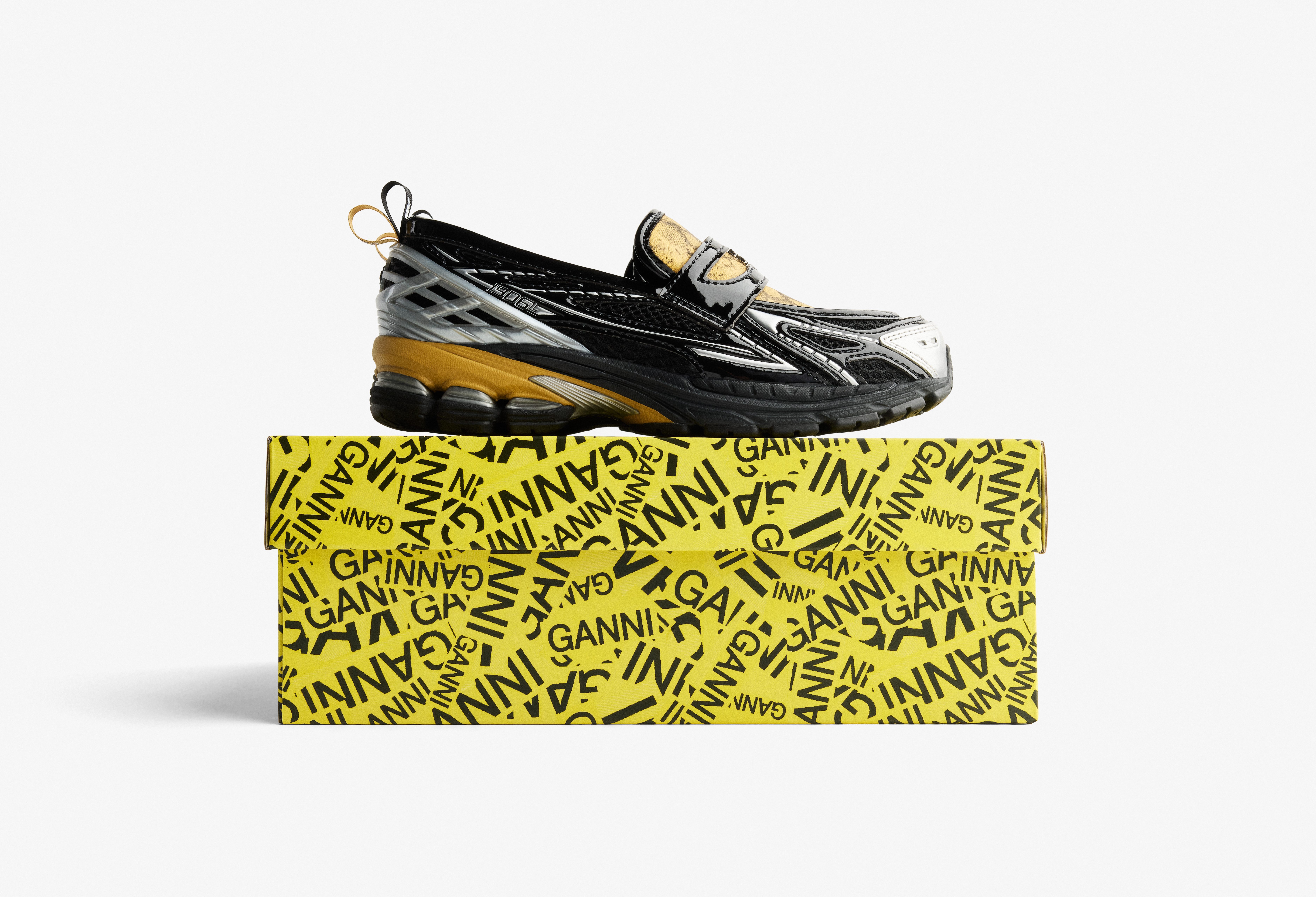 ganni x new balance sneaker loafer on shoe box