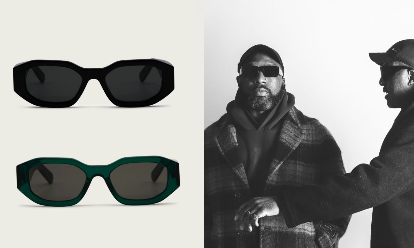 A split image of Taiwo and Kehinde Hassan and the LGR Cactus Flower sunglasses