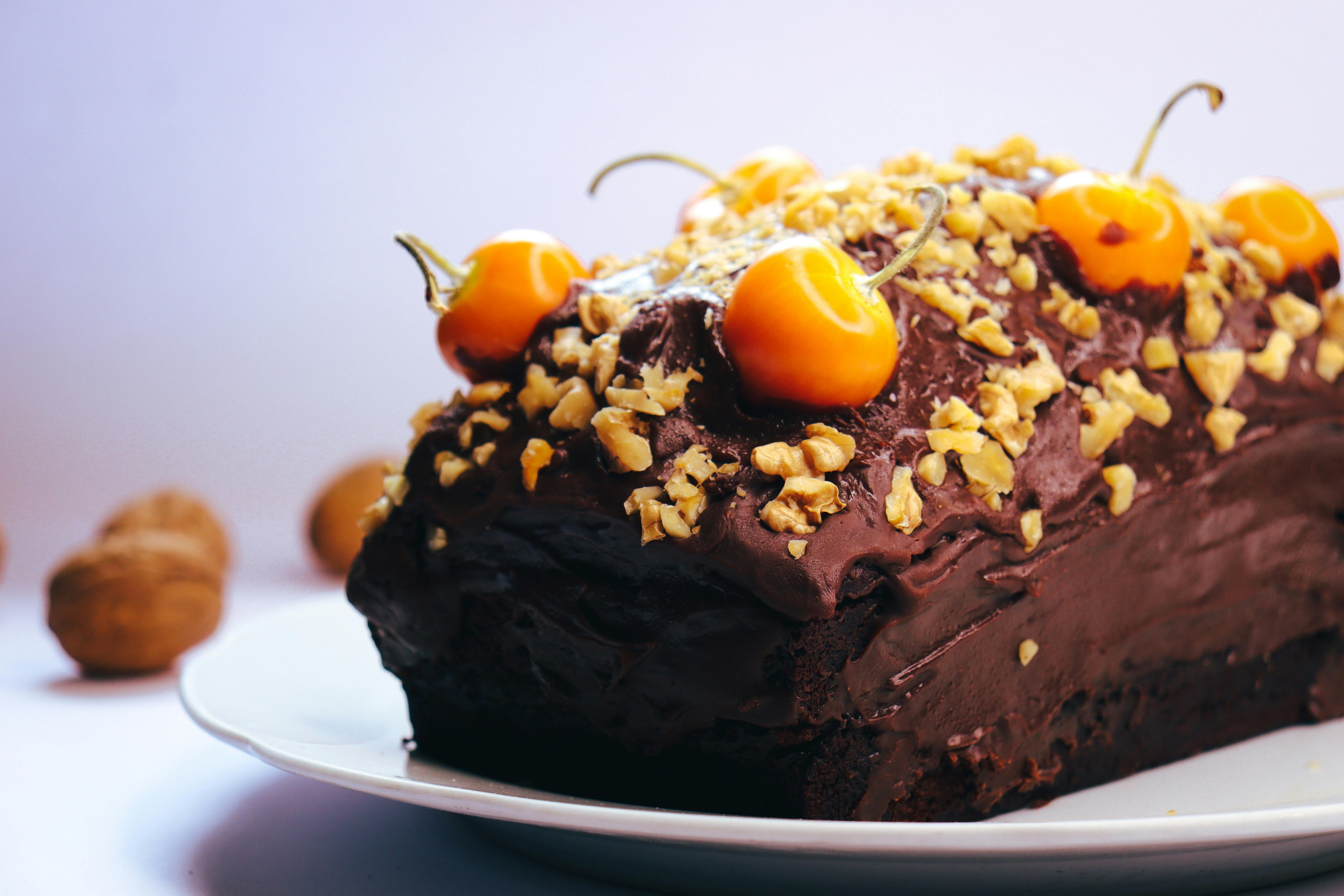 Walnuts, cherries, dark chocolate cake