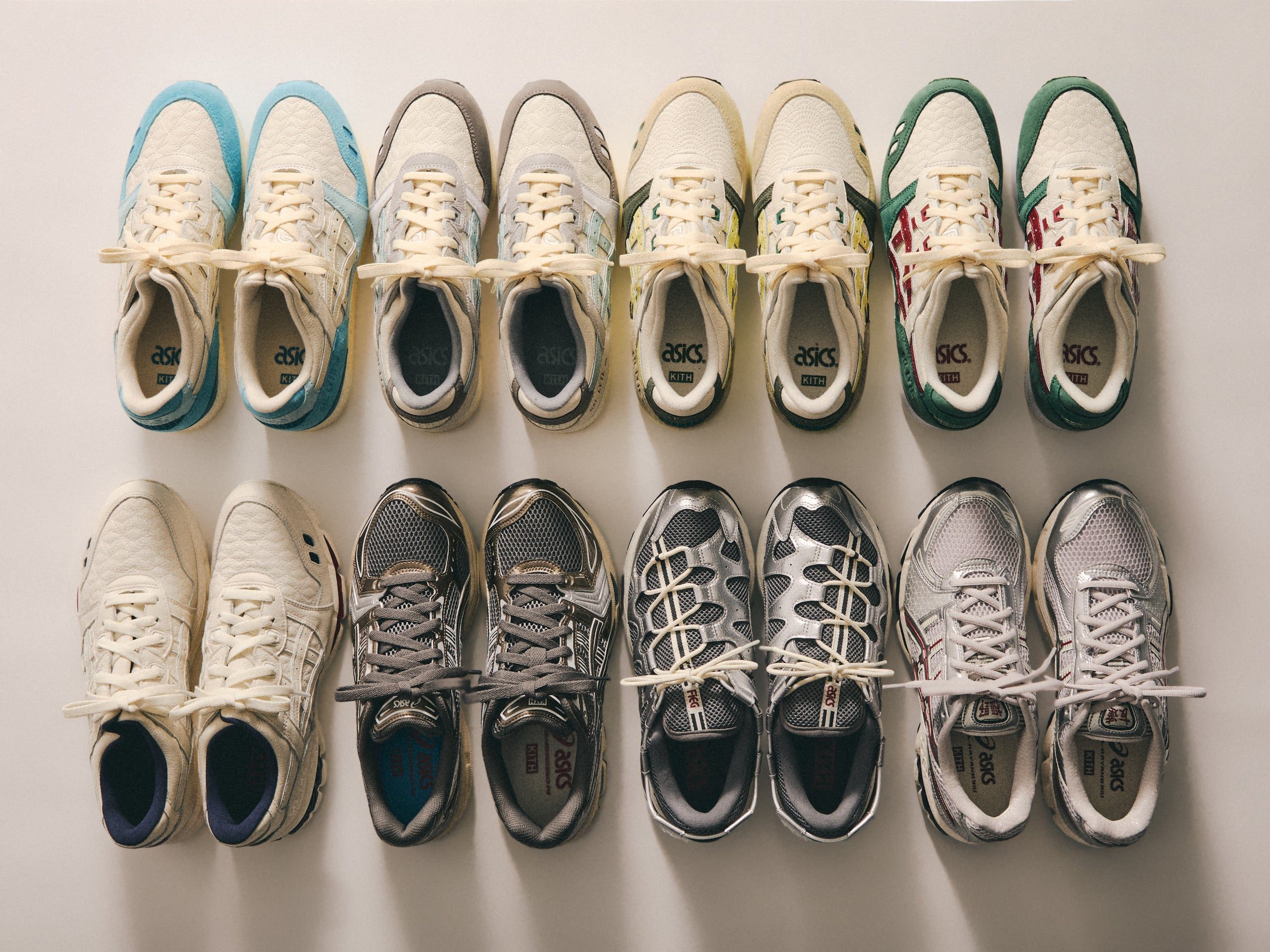 kith x asics sneakers in a lineup