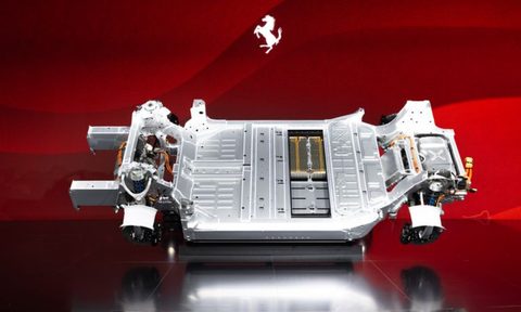 Chassis, powertrain, and components of the Ferrari Elettrica.