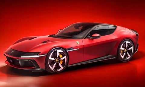 Ferrari flaship model left front three quarter view with a red background.