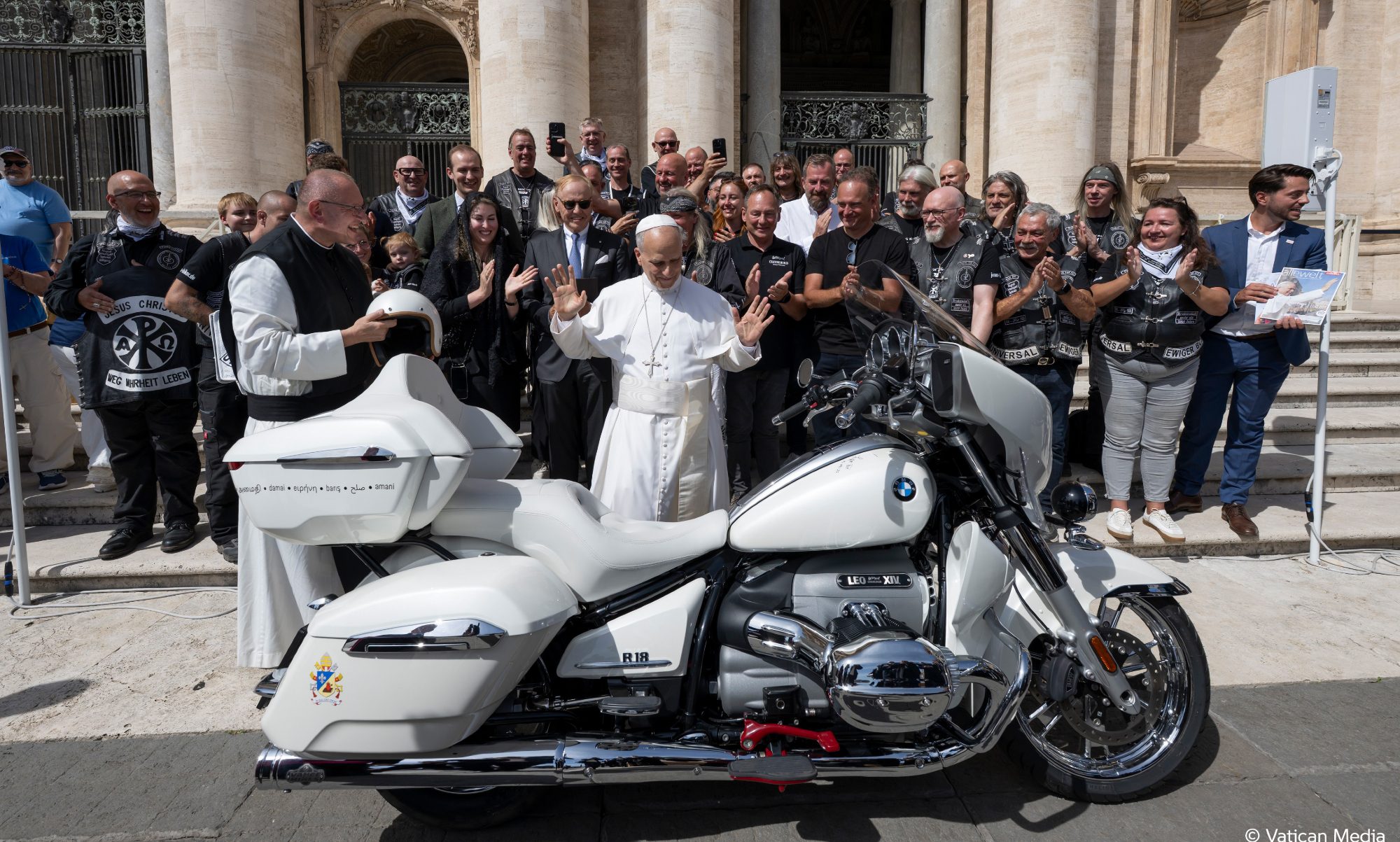 Pope Leo XIV blessing the 2025 BMW R 18 he signed.