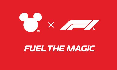 White Disney and F1 logos with Fuel The Magic logo on red background.