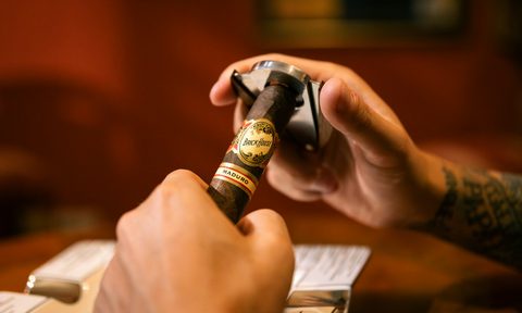 a man's hands holding a cigar in one hand and a cutter in the other