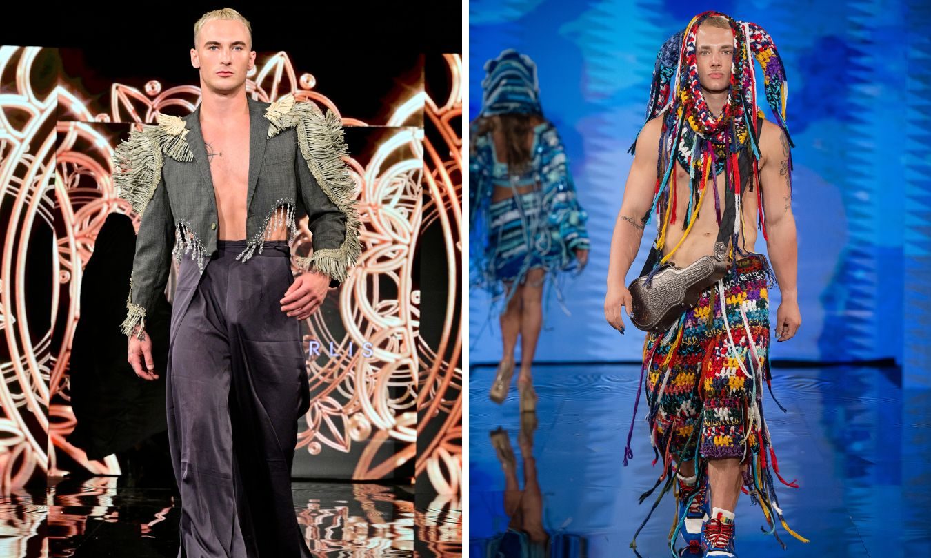 A model on the left wearing a Kenneth Barlis gray crop jacket and a model on the right wearing a Chavelis Playhouse crochet outfit. 