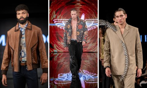 A triptych collage of three male models walking the runway at Art Hearts Fashion. The model on the left wears a brown leather bomber jacket with reptilian-print panels. The model in the center is shirtless, wearing a patterned jacket and black pants. The model on the right wears an oversize tan suit with a large, feather-like accessory draped over his shoulder.