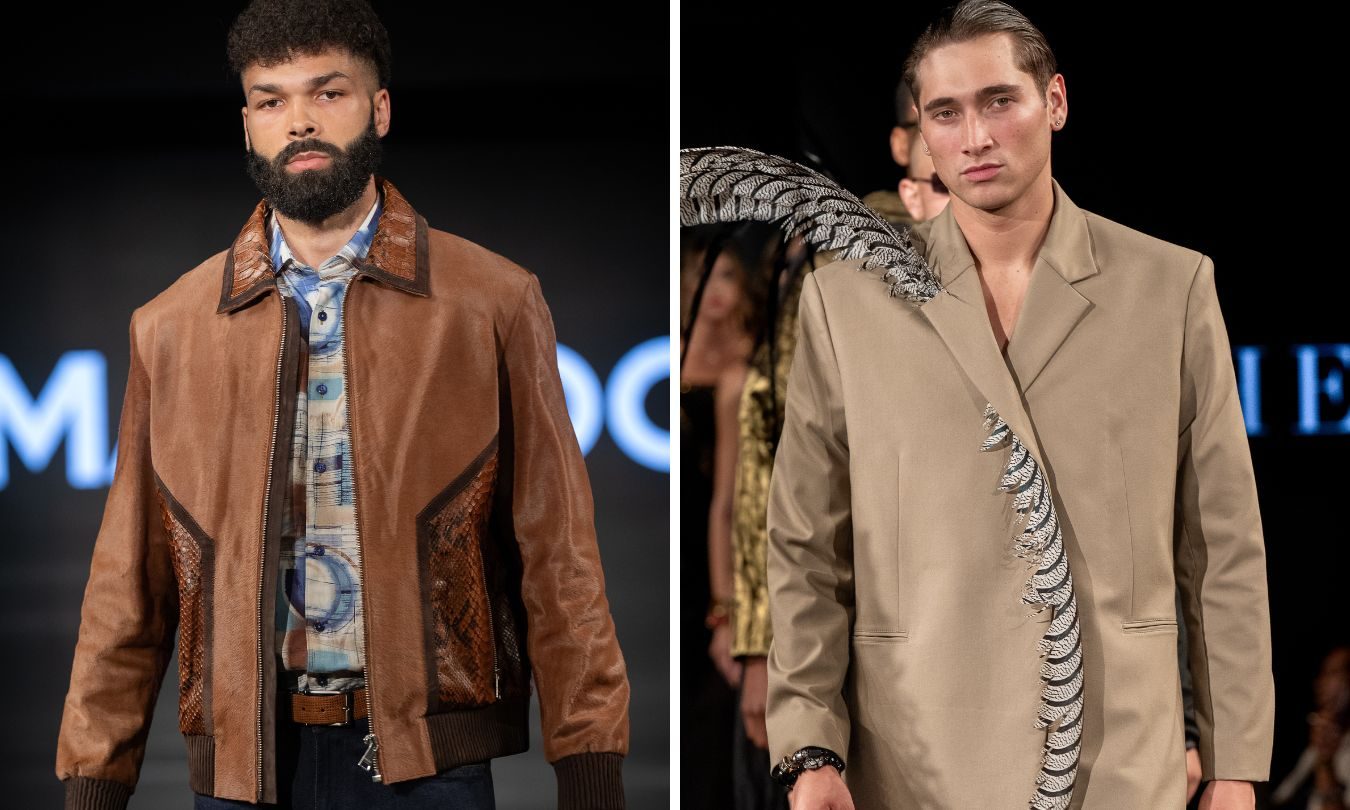 A model wearing the Leather Ascension0021 Orange jacket on the left and a model wearing Edher Gin's Saco Tierra jacket on the right.