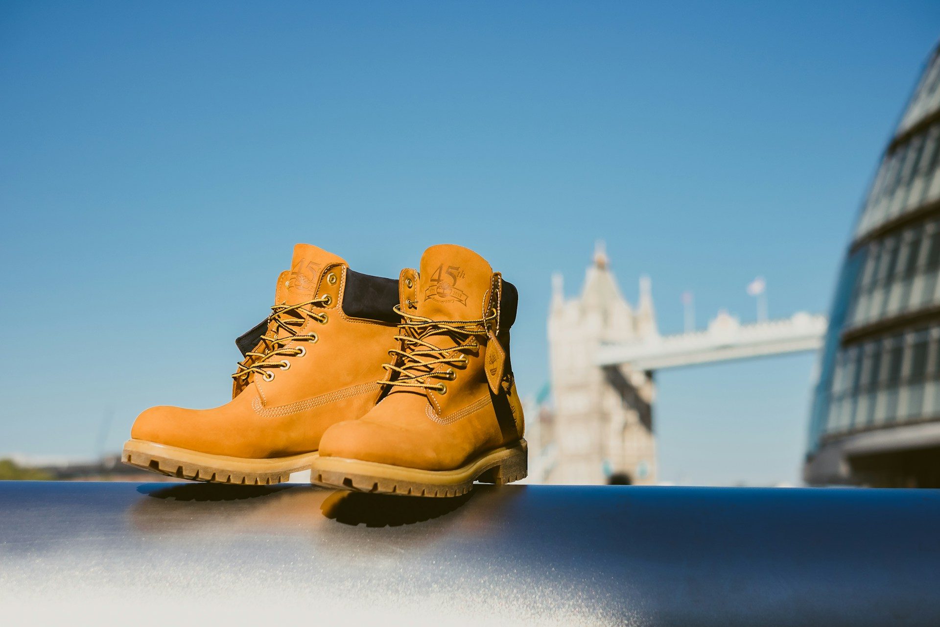 timberland boots on railing