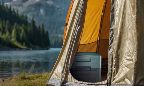 Clesana's X1 electric portable toilet set up inside a camping tent near the water.