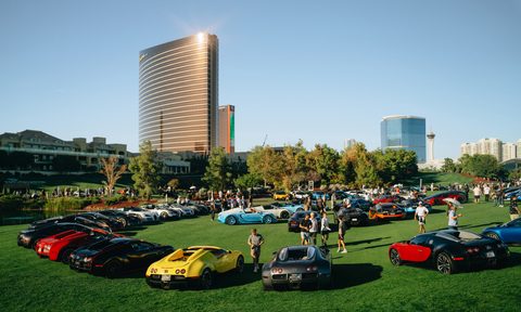 A large group of Bugattis parked on the Concours Friends of Wynn lawn.
