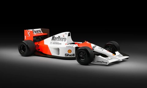 Ayrton Senna's 1991 McLaren right-front three-quarter view.