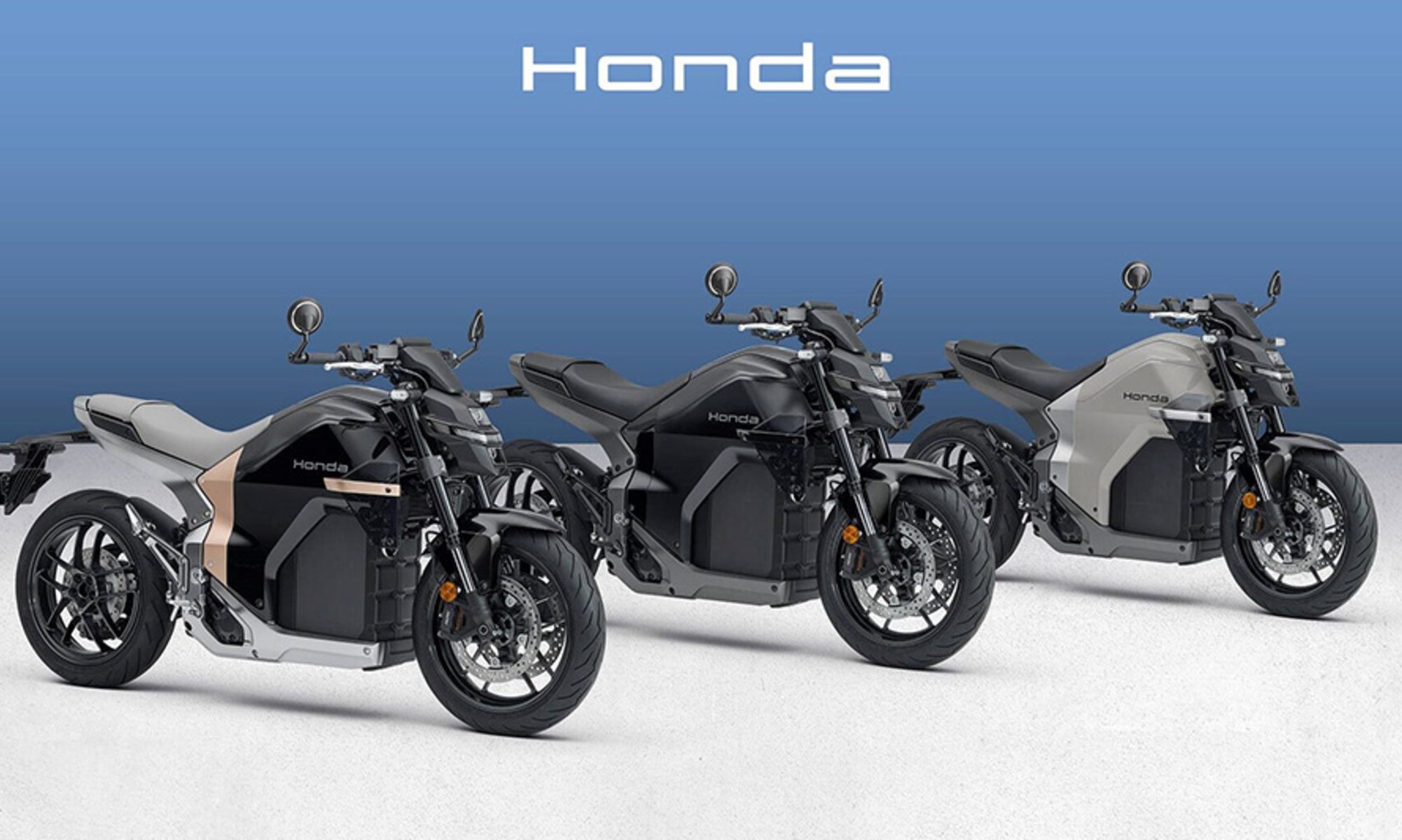 Honda WN7 electric motorcycle in three colorways.