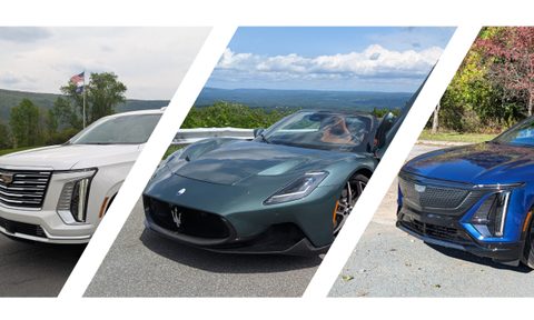 A composite photo featuring a Cadillac Escalade, a Maserati MC20, and a Cadillac Lyriq