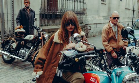Models on motorcycles wearing Royal Enfield x Vallon Moto Aviators.