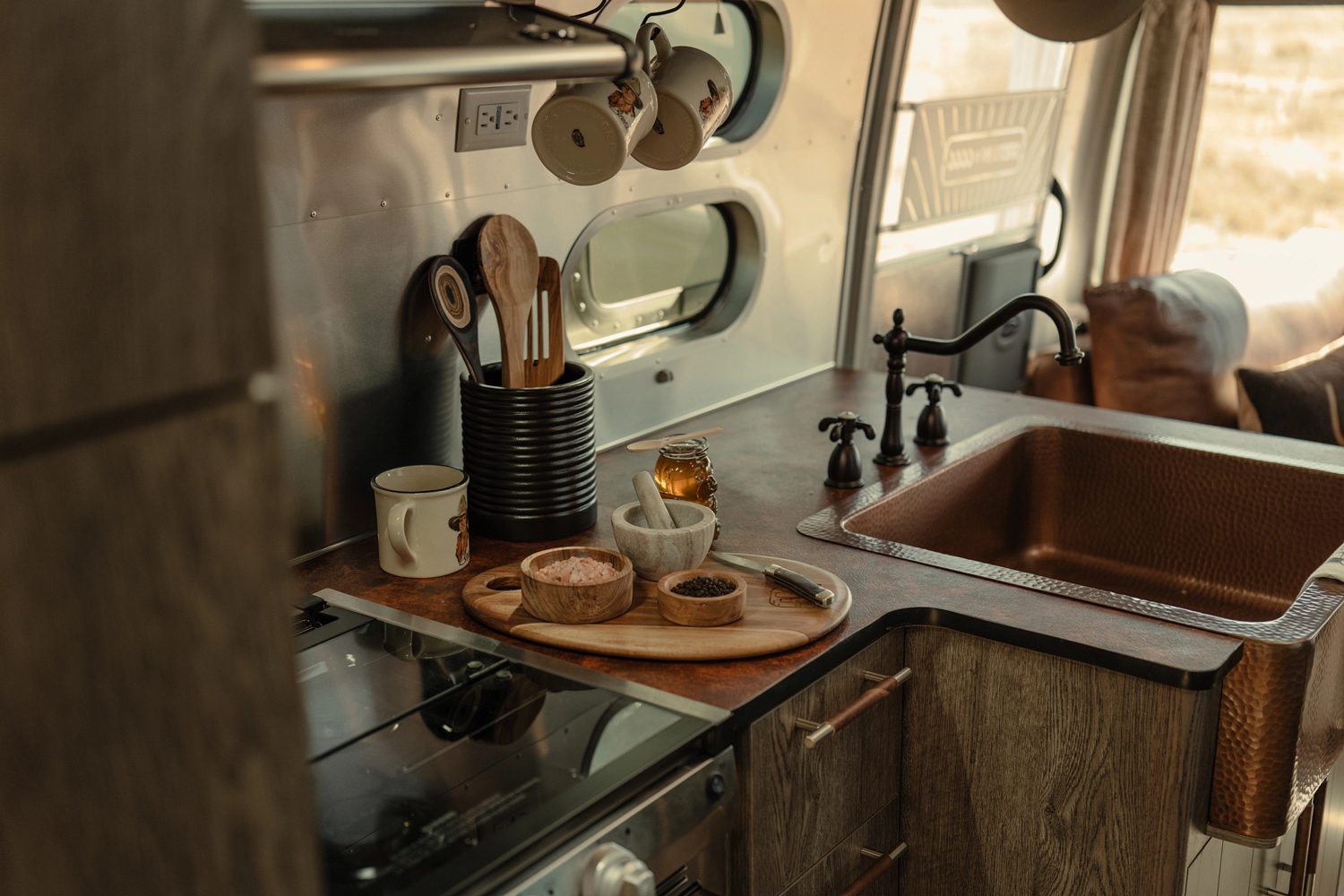 Luxury kitchen inside the Airstream Stetson x 6666 Special Edition Travel Trailer.