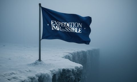 A rendering of Columbia Sportswear's "Expedition Impossible" flag pitched at the edge of the flat earth.