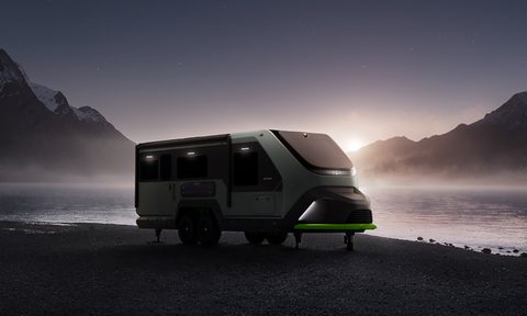 Concept rendering of Evotrex's power-generating RV by a lake.