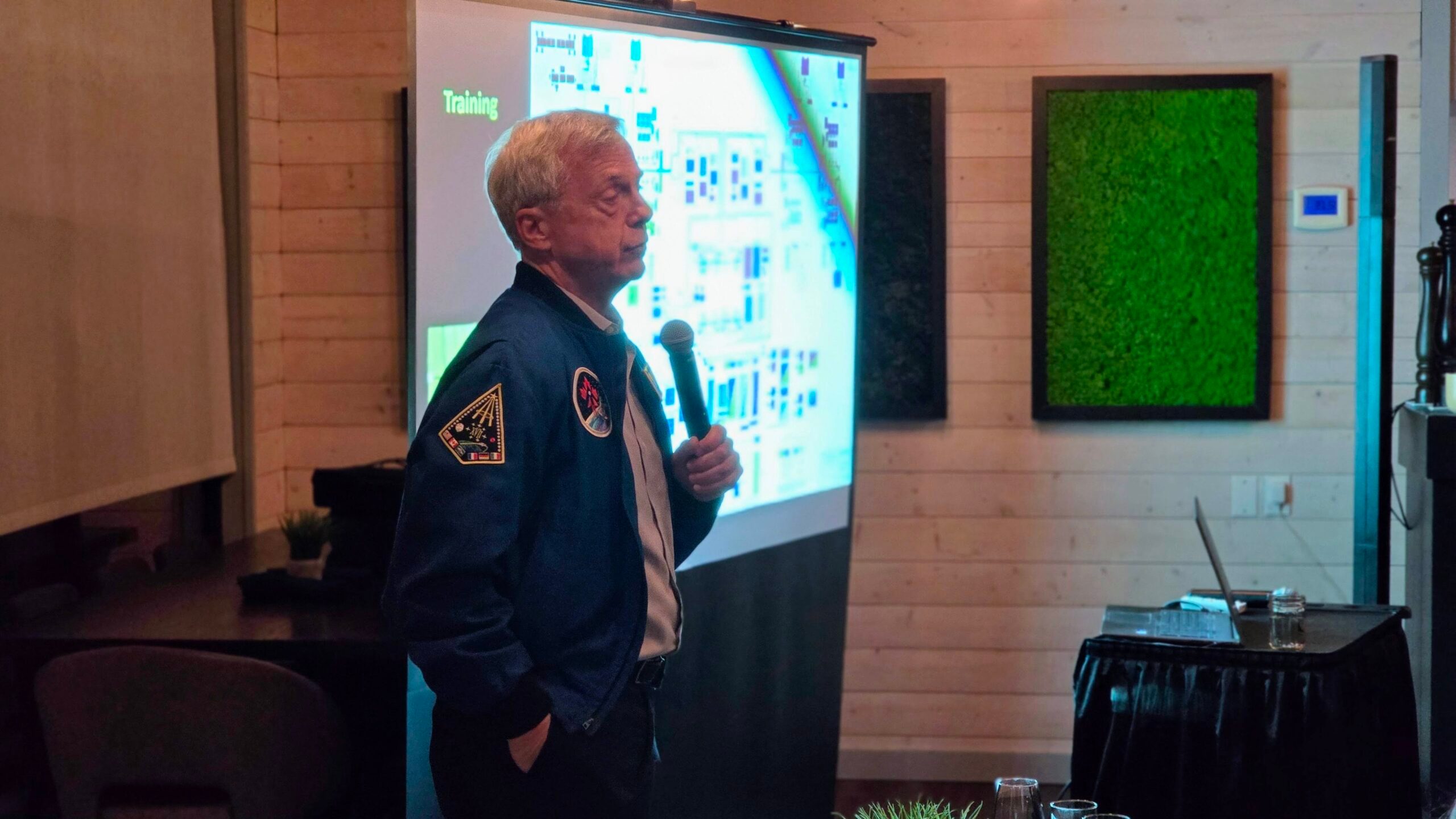 An astronaut giving a presentation